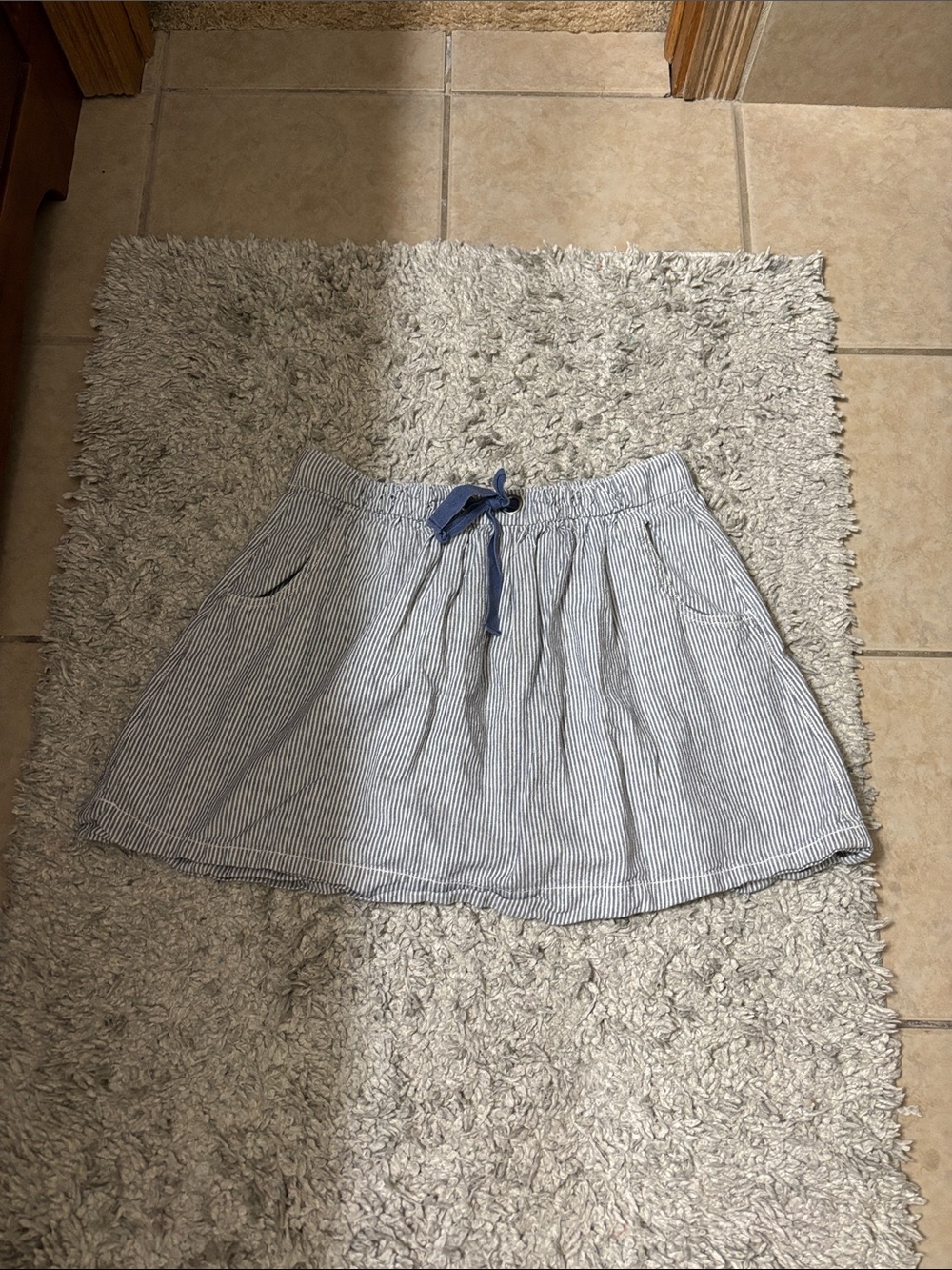 J. Crew Blue and White Pinstripe Skater Skirt with Drawstring